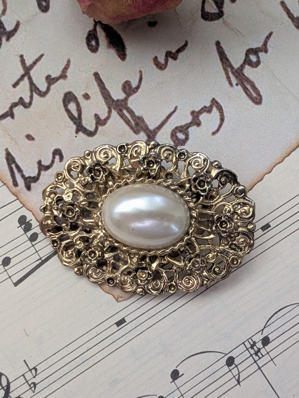 Gold Filigree Brooch with Pearl Accent - Women Jewelry